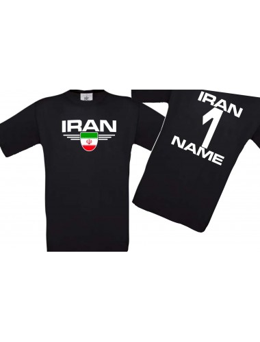Kinder-Shirt Iran, Wappen mit Wunschnamen und Wunschnummer, Land, Länder, schwarz, 104