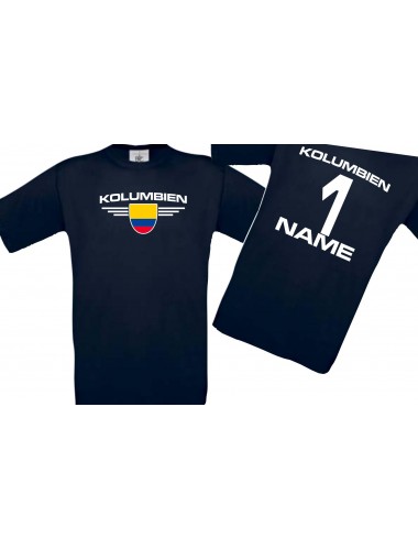 Kinder-Shirt Kolumbien, Wappen mit Wunschnamen und Wunschnummer, Land, Länder, blau, 104