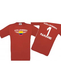 Kinder-Shirt Kolumbien, Wappen mit Wunschnamen und Wunschnummer, Land, Länder, rot, 104