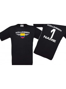 Kinder-Shirt Kolumbien, Wappen mit Wunschnamen und Wunschnummer, Land, Länder, schwarz, 104