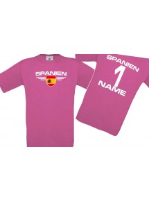 Kinder-Shirt Spanien, Wappen mit Wunschnamen und Wunschnummer, Land, Länder, pink, 104