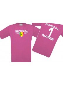 Kinder-Shirt Senegal, Wappen mit Wunschnamen und Wunschnummer, Land, Länder, pink, 104