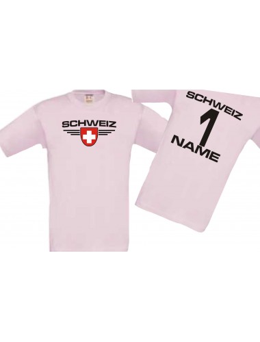 Kinder-Shirt Schweiz, Wappen mit Wunschnamen und Wunschnummer, Land, Länder, rosa, 104