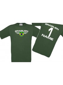 Kinder-Shirt Brasilien, Wappen mit Wunschnamen und Wunschnummer, Land, Länder, dunkelgruen, 104