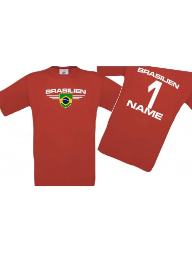 Kinder-Shirt Brasilien, Wappen mit Wunschnamen und Wunschnummer, Land, Länder, rot, 104