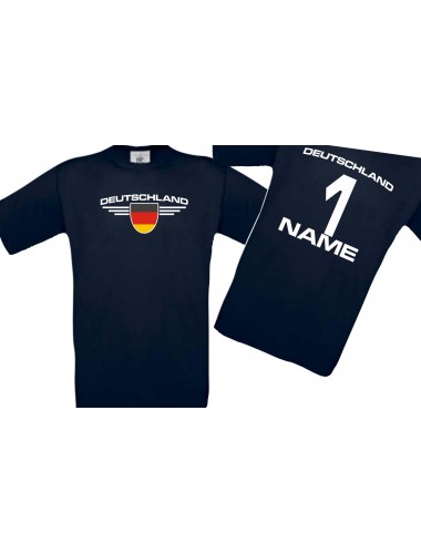 Kinder-Shirt Deutschland, Wappen mit Wunschnamen und Wunschnummer, Land, Länder, blau, 104