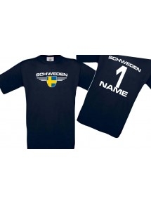 Kinder-Shirt Schweden, Wappen mit Wunschnamen und Wunschnummer, Land, Länder, blau, 104