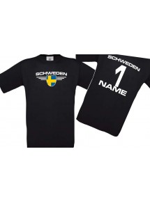 Kinder-Shirt Schweden, Wappen mit Wunschnamen und Wunschnummer, Land, Länder, schwarz, 104