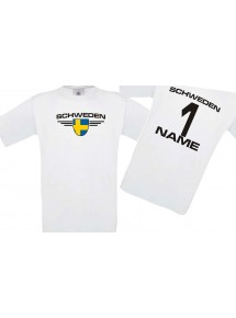 Kinder-Shirt Schweden, Wappen mit Wunschnamen und Wunschnummer, Land, Länder, weiss, 104