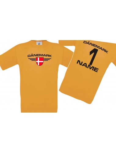 Kinder-Shirt Dänemark, Wappen mit Wunschnamen und Wunschnummer, Land, Länder, orange, 104