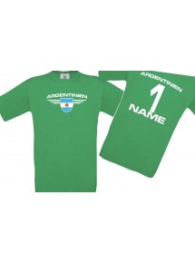 Kinder-Shirt Argentinien, Wappen mit Wunschnamen und Wunschnummer, Land, Länder, kellygreen, 104
