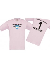 Kinder-Shirt Argentinien, Wappen mit Wunschnamen und Wunschnummer, Land, Länder, rosa, 104