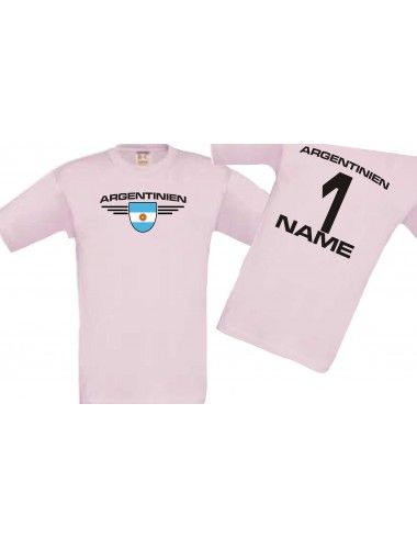 Kinder-Shirt Argentinien, Wappen mit Wunschnamen und Wunschnummer, Land, Länder, rosa, 104