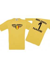 Kinder-Shirt Belgien, Wappen mit Wunschnamen und Wunschnummer, Land, Länder, gelb, 104