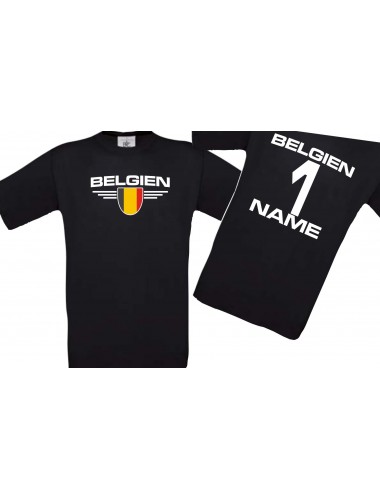 Kinder-Shirt Belgien, Wappen mit Wunschnamen und Wunschnummer, Land, Länder, schwarz, 104