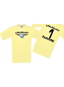 Man T-Shirt Uruguay Wappen mit Wunschnamen und Wunschnummer, Land, Länder, hellgelb, L