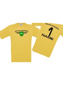 Kinder-Shirt Saudi Arabien, Wappen mit Wunschnamen und Wunschnummer, Land, Länder, gelb, 104