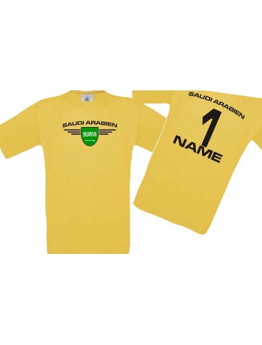 Kinder-Shirt Saudi Arabien, Wappen mit Wunschnamen und Wunschnummer, Land, Länder, gelb, 104