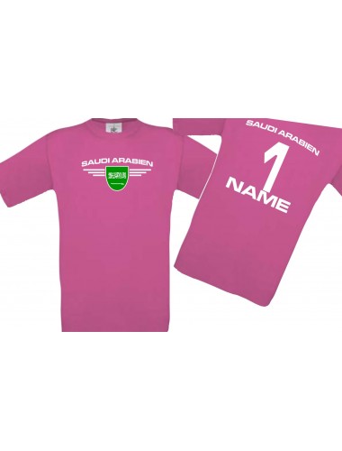 Kinder-Shirt Saudi Arabien, Wappen mit Wunschnamen und Wunschnummer, Land, Länder, pink, 104