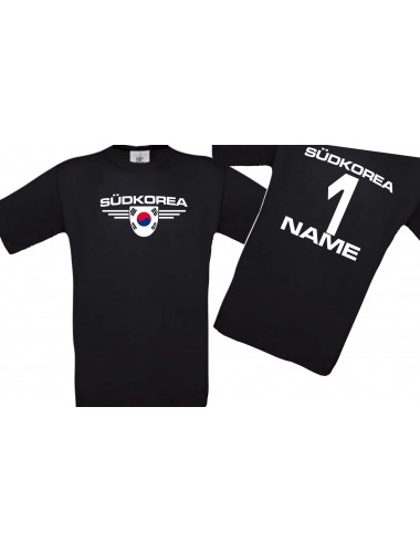 Kinder-Shirt Südkorea, Wappen mit Wunschnamen und Wunschnummer, Land, Länder, schwarz, 104