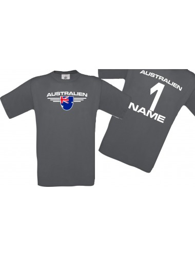 Man T-Shirt Australien Wappen mit Wunschnamen und Wunschnummer, Land, Länder, grau, L