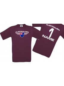 Man T-Shirt Australien Wappen mit Wunschnamen und Wunschnummer, Land, Länder, burgundy, L