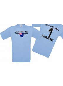 Man T-Shirt Australien Wappen mit Wunschnamen und Wunschnummer, Land, Länder, hellblau, L