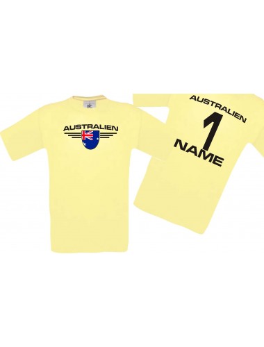 Man T-Shirt Australien Wappen mit Wunschnamen und Wunschnummer, Land, Länder, hellgelb, L