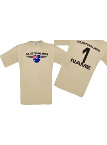 Man T-Shirt Australien Wappen mit Wunschnamen und Wunschnummer, Land, Länder, khaki, L