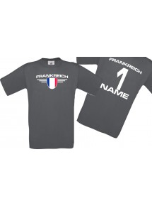 Man T-Shirt Frankreich Wappen mit Wunschnamen und Wunschnummer, Land, Länder, grau, L