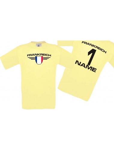 Man T-Shirt Frankreich Wappen mit Wunschnamen und Wunschnummer, Land, Länder, hellgelb, L