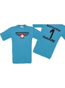Man T-Shirt Schweiz Wappen mit Wunschnamen und Wunschnummer, Land, Länder, türkis, L