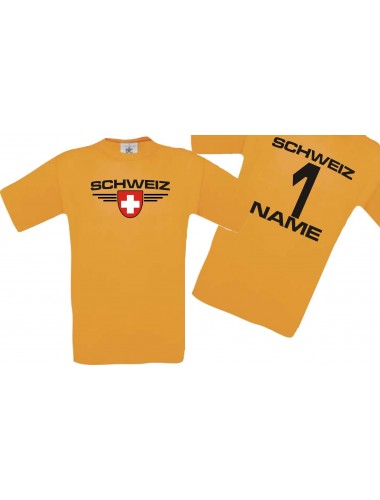 Man T-Shirt Schweiz Wappen mit Wunschnamen und Wunschnummer, Land, Länder, orange, L