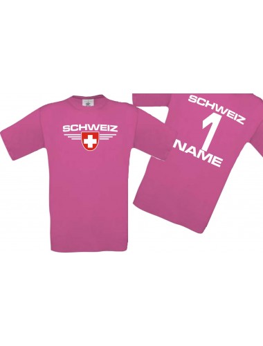 Man T-Shirt Schweiz Wappen mit Wunschnamen und Wunschnummer, Land, Länder, pink, L
