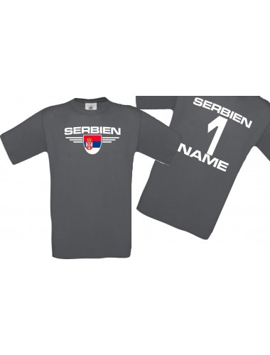 Man T-Shirt Serbien Wappen mit Wunschnamen und Wunschnummer, Land, Länder, grau, L