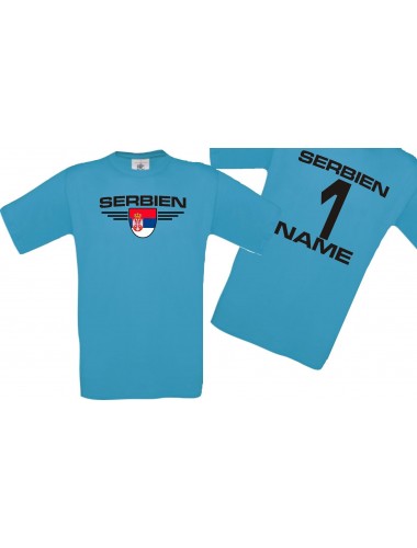 Man T-Shirt Serbien Wappen mit Wunschnamen und Wunschnummer, Land, Länder, türkis, L