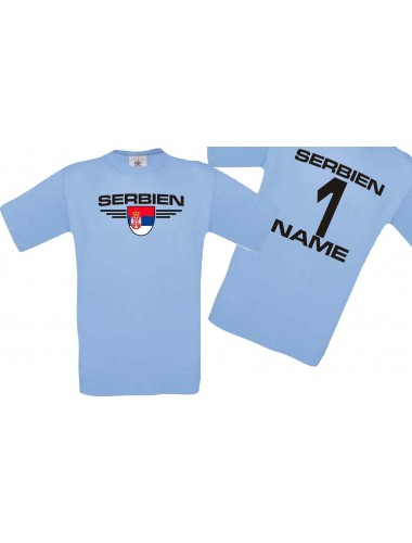 Man T-Shirt Serbien Wappen mit Wunschnamen und Wunschnummer, Land, Länder, hellblau, L
