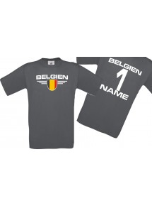 Man T-Shirt Belgien Wappen mit Wunschnamen und Wunschnummer, Land, Länder, grau, L