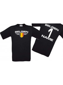 Man T-Shirt Belgien Wappen mit Wunschnamen und Wunschnummer, Land, Länder, schwarz, L