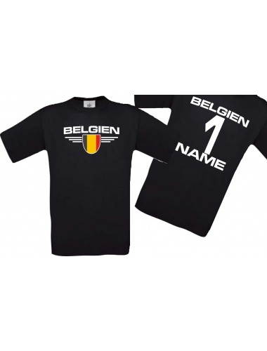 Man T-Shirt Belgien Wappen mit Wunschnamen und Wunschnummer, Land, Länder, schwarz, L