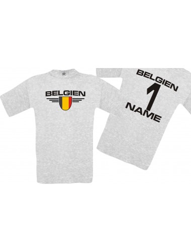 Man T-Shirt Belgien Wappen mit Wunschnamen und Wunschnummer, Land, Länder, ash, L