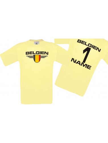 Man T-Shirt Belgien Wappen mit Wunschnamen und Wunschnummer, Land, Länder, hellgelb, L