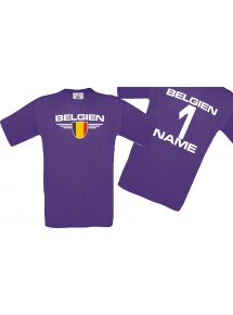 Man T-Shirt Belgien Wappen mit Wunschnamen und Wunschnummer, Land, Länder, lila, L