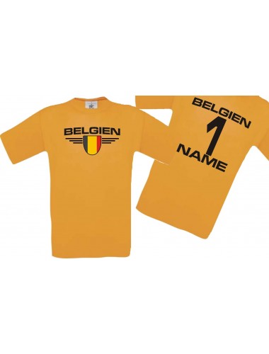 Man T-Shirt Belgien Wappen mit Wunschnamen und Wunschnummer, Land, Länder, orange, L