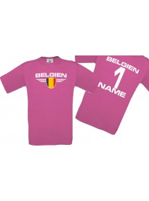 Man T-Shirt Belgien Wappen mit Wunschnamen und Wunschnummer, Land, Länder, pink, L