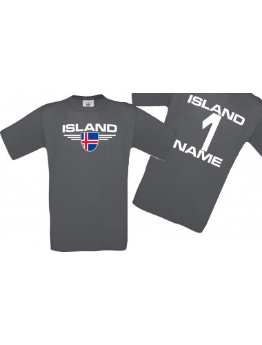 Man T-Shirt Island Wappen mit Wunschnamen und Wunschnummer, Land, Länder, grau, L