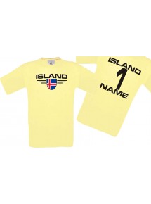 Man T-Shirt Island Wappen mit Wunschnamen und Wunschnummer, Land, Länder, hellgelb, L