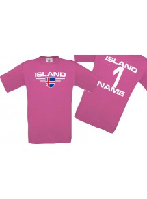 Man T-Shirt Island Wappen mit Wunschnamen und Wunschnummer, Land, Länder, pink, L