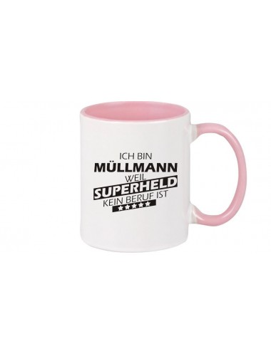 Kaffeepott beidseitig mit Motiv bedruckt Ich bin Müllmann, weil Superheld kein Beruf ist, Farbe rosa