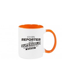 Kaffeepott beidseitig mit Motiv bedruckt Ich bin Reporter, weil Superheld kein Beruf ist, Farbe orange